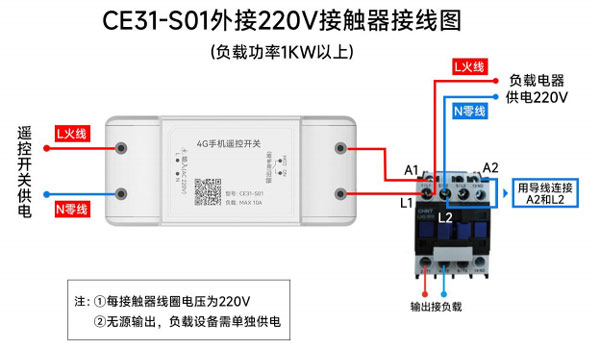 5-CE31-S01遙控開(kāi)關(guān)外接220V接觸器接線(xiàn)圖